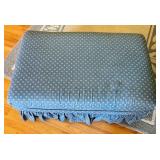 Blue Upholstered Sofa, Chair, and Ottoman Set with Skirted Detailing and Area rug
