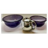 Set of 2 Purple Glass Mixing Bowls and Stainless Steel Glass Teapot with Infuser
