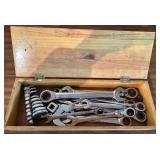 Set of Combination and Ratcheting Wrenches in Wooden Box