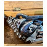 Set of Combination and Ratcheting Wrenches in Wooden Box