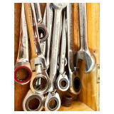 Set of Combination and Ratcheting Wrenches in Wooden Box