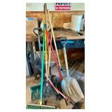 Collection of Garden and Lawn Tools including Shovels, Rake, Brooms, and Pruner