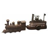 Die-Cast Metal Pencil Sharpeners, Steam Locomotive and a Steamboat Train Collectibles, Qty 2