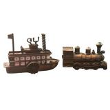 Die-Cast Metal Pencil Sharpeners, Steam Locomotive and a Steamboat Train Collectibles, Qty 2