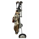 Vintage Golf Bag on a Pull Cart with Golf Clubs and Covers
