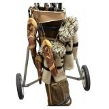 Vintage Golf Bag on a Pull Cart with Golf Clubs and Covers