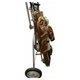 Vintage Golf Bag on a Pull Cart with Golf Clubs and Covers