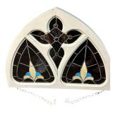 Gothic Arch Shaped and a Fleur-De-Lis Motif Stained Glass Window Panel, 29 1/4" X 38 1/2" X 1 5/8"