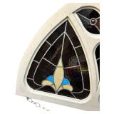 Gothic Arch Shaped and a Fleur-De-Lis Motif Stained Glass Window Panel, 29 1/4" X 38 1/2" X 1 5/8"
