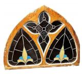 Gothic Arch Shaped and a Fleur-De-Lis Motif Stained Glass Window Panel, 29 1/4" X 38 1/2" X 1 5/8"