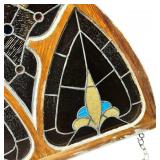 Gothic Arch Shaped and a Fleur-De-Lis Motif Stained Glass Window Panel, 29 1/4" X 38 1/2" X 1 5/8"