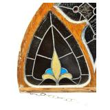 Gothic Arch Shaped and a Fleur-De-Lis Motif Stained Glass Window Panel, 29 1/4" X 38 1/2" X 1 5/8"
