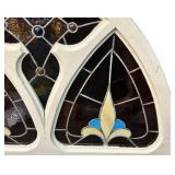 Gothic Arch Shaped and a Fleur-De-Lis Motif Stained Glass Window Panel, 29 1/4" X 38 1/2" X 1 5/8"