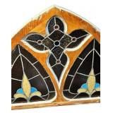 Gothic Arch Shaped and a Fleur-De-Lis Motif Stained Glass Window Panel, 29 1/4" X 38 1/2" X 1 5/8"