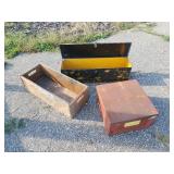 2 Metal Boxes one metal Tool Box, one Metal parts washer, and one wooden