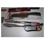 Assorted Kitchen - Tongs, Can Opener, Knife