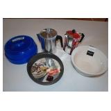Assorted Kitchen - Coffee Pots, Mixing Bowl, Pan
