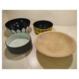Four Assorted Wood, Metal and Ceramic Serving Bowls