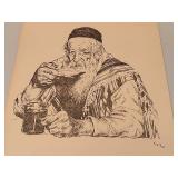 Ivan Sors Original Lithograph "Man Drinking from Bowl" Judaica Art