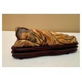Chinese Sleeping Man Hand Carved Figurines on Wood Base
