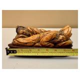Chinese Sleeping Man Hand Carved Figurines on Wood Base