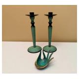 Bronze Hand Ring Dish and Pair of Turquoise Color Candle Holders