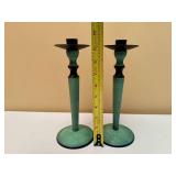 Bronze Hand Ring Dish and Pair of Turquoise Color Candle Holders