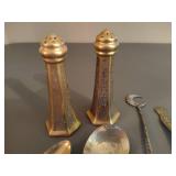 Gold Tone Salt & Pepper Shaker and Decorative Spoons