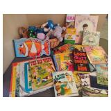 Collection of Toddler Board Books and Basket of Stuffies