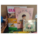 Collection of Toddler Board Books and Basket of Stuffies