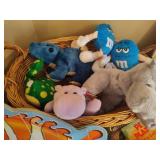 Collection of Toddler Board Books and Basket of Stuffies