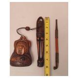 Wood Carved Tobacco Case w/Attached Carved Pipe & Holder