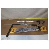 Collection of Hand Tools Including Saws, Crowbars, and Square