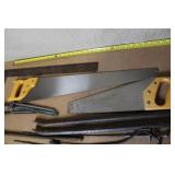 Collection of Hand Tools Including Saws, Crowbars, and Square