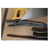 Collection of Hand Tools Including Saws, Crowbars, and Square