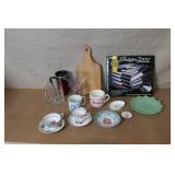 Mixed Kitchenware Collection with Vintage Teacups, Measuring Cups, Knives, Mugs, and Glassware