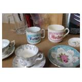 Mixed Kitchenware Collection with Vintage Teacups, Measuring Cups, Knives, Mugs, and Glassware