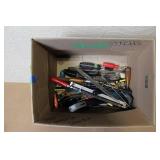 Box Lot of Mixed Hand Tools Including Screwdrivers, Files, Pry Bars, and Saw