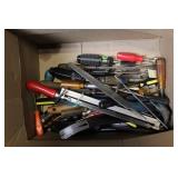Box Lot of Mixed Hand Tools Including Screwdrivers, Files, Pry Bars, and Saw