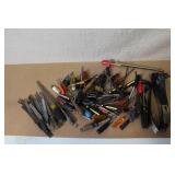 Box Lot of Mixed Hand Tools Including Screwdrivers, Files, Pry Bars, and Saw