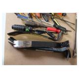 Box Lot of Mixed Hand Tools Including Screwdrivers, Files, Pry Bars, and Saw