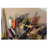 Box Lot of Mixed Hand Tools Including Screwdrivers, Files, Pry Bars, and Saw