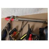 Box Lot of Mixed Hand Tools Including Screwdrivers, Files, Pry Bars, and Saw