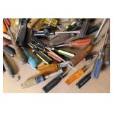 Box Lot of Mixed Hand Tools Including Screwdrivers, Files, Pry Bars, and Saw