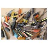Box Lot of Mixed Hand Tools Including Screwdrivers, Files, Pry Bars, and Saw