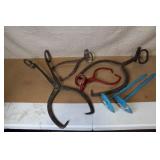 Collection of Vintage Ice Tongs and Blue Hay Bale Hooks