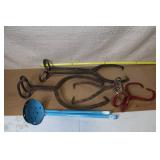 Collection of Vintage Ice Tongs and Blue Hay Bale Hooks