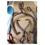 Collection of Vintage Ice Tongs and Blue Hay Bale Hooks