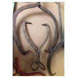 Collection of Vintage Ice Tongs and Blue Hay Bale Hooks
