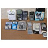 Collection of 13 Assorted Calculators Including Texas Instruments, Casio, and Sharp
